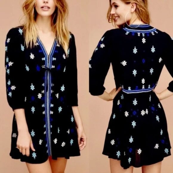 FREE PEOPLE Star Gazer Embroidered Boho Mini Dress Coverup Black XS Tunic $128 - Picture 4 of 16